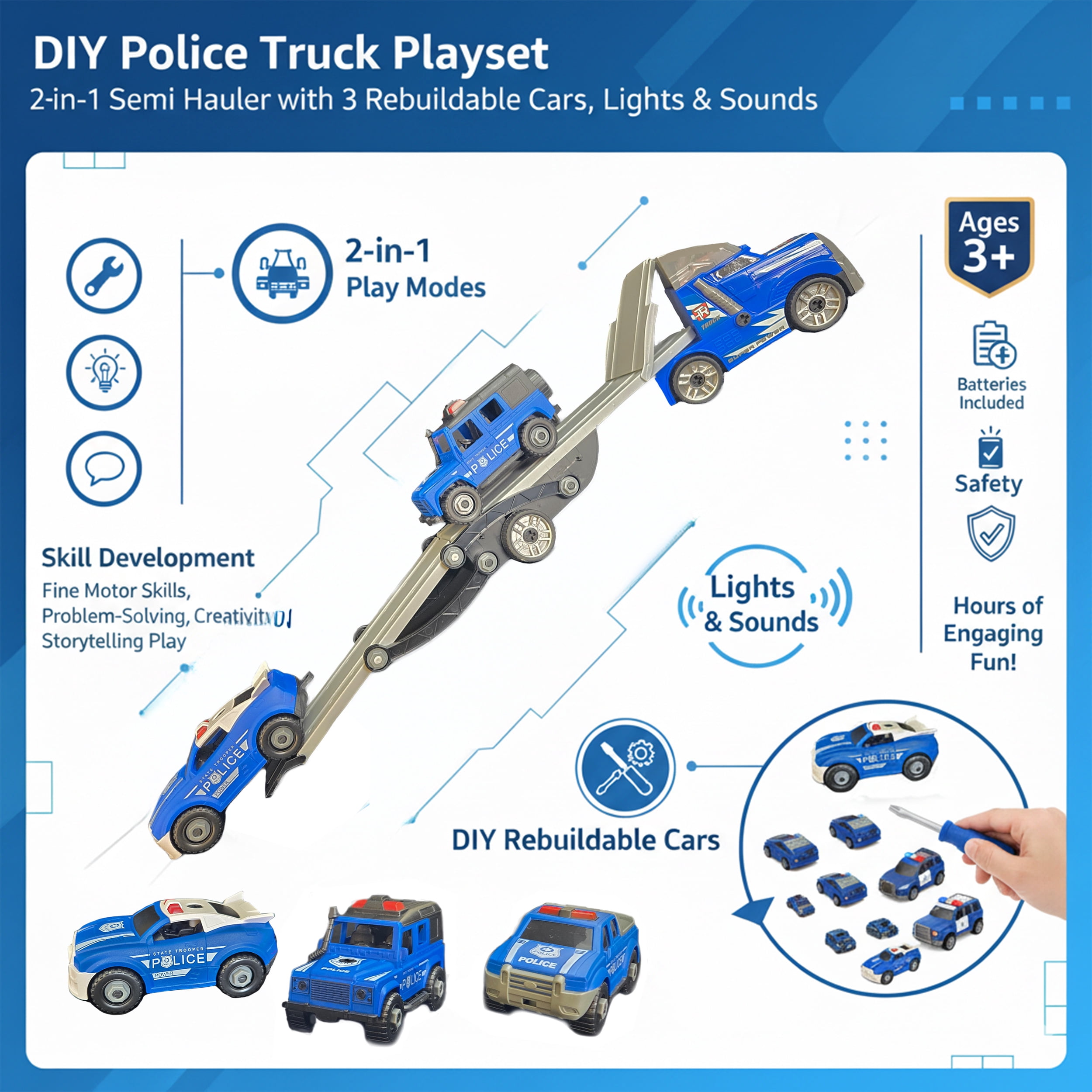 3 in 1 Police Station + Fire Station Toy Kid PlaySet with Fire Truck++Police Car and 2 Helicopters and 15 sports cars