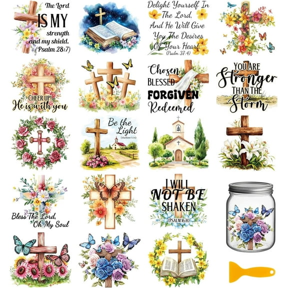 1set 18 Sheets Bible Verse Transfer Stickers 3.9x3.6inch Bible Book Decals Stickers and Flowers Rub on Transfer for Furniture Vase Glass Mason Jar Decorations Art Crafts