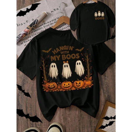 Halloween Pumpkin Ghost Print T Shirt Womens Casual Graphic Tee Round Neck Short Sleeve Black S-5XL