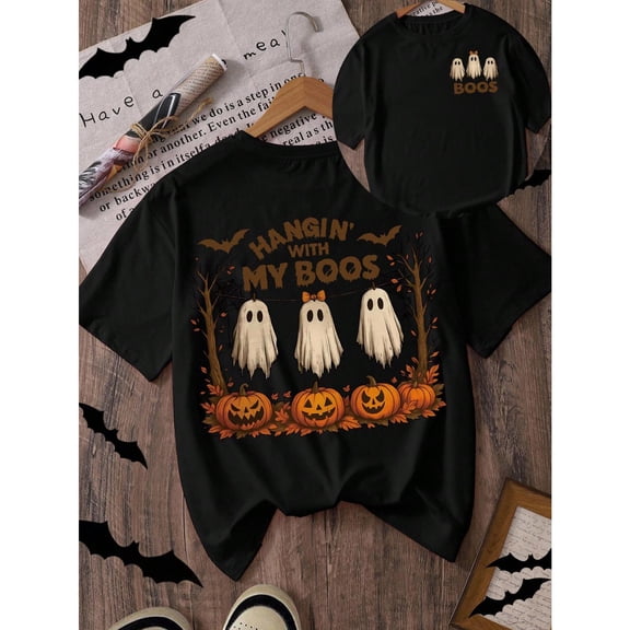 Halloween Pumpkin Ghost Print T Shirt Cotton Casual Graphic Tee Round Neck Short Sleeve Black S-5XL