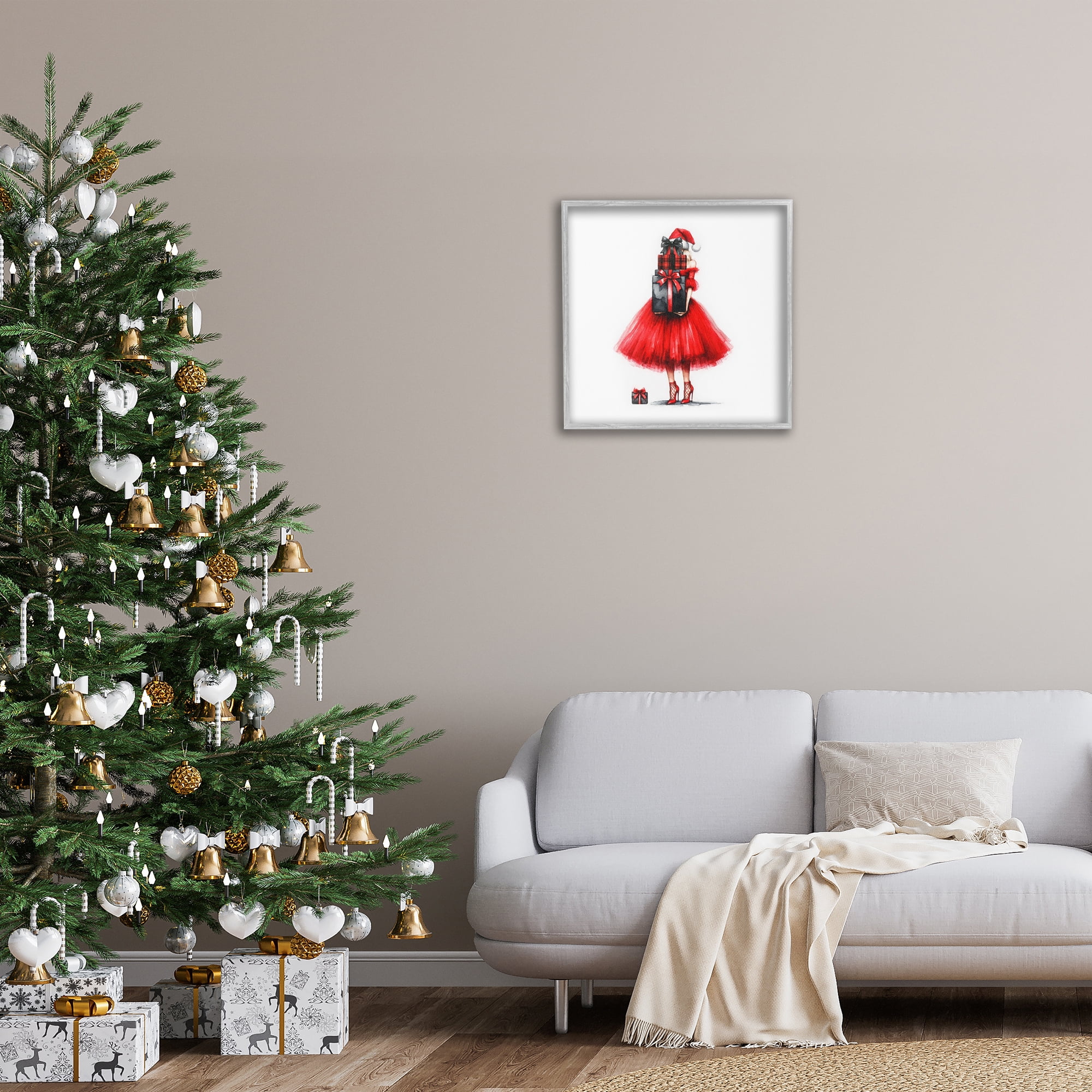 Stupell Industries Chic Christmas Gal Holiday Painting Gray Framed Art Prints Wall Art, 24 x 24