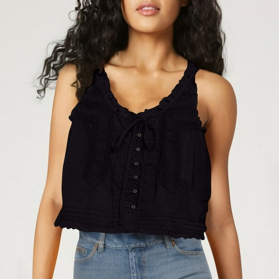 FDGIU Women's 2025 Summer Lace Cami Tank Top - Scoop Neck Sleeveless Blouse with Silk Lace Trim, Stylish Casual
