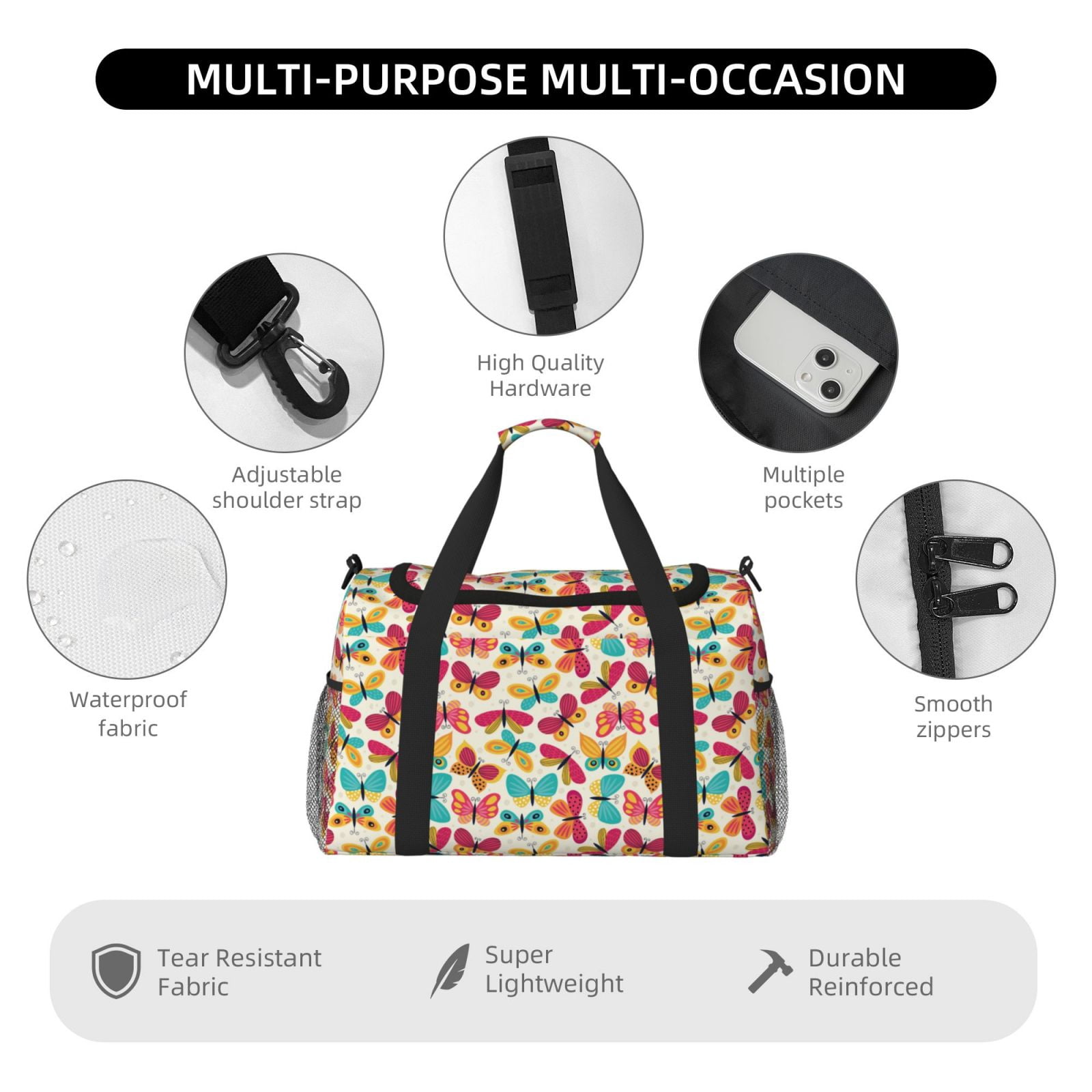 Fuzoiu Colorful Butterflies Print Travel Duffle Bag,Carry On Tote Bags,Duffel Bag,Sport Gym Bag, Hospital Bag for Labor and Delivery, Overnight Bag,Luggage Bag
