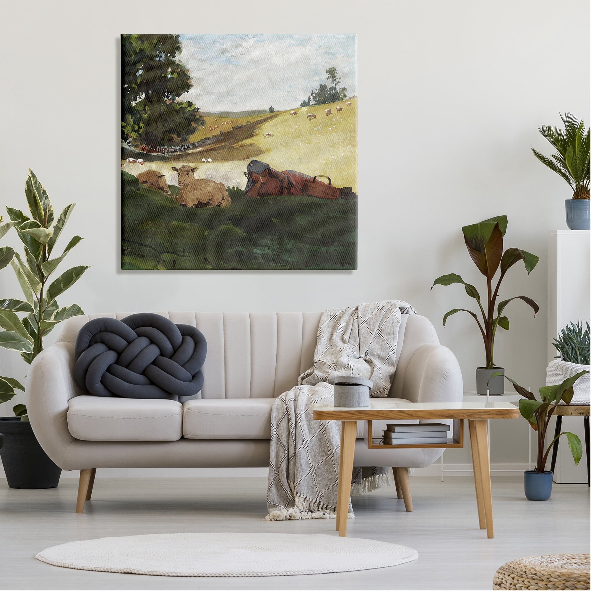 Stupell Industries Girl & Sheep in Country Animals & Insects Painting Gallery Wrapped Canvas Art Print Wall Art, 36 x 36
