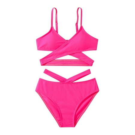 Girls Two-Piece Set Suspenders Swimsuits Child Kids Hollow Out Solid Color Bikini Suit Color Hot Pink Size 9-10Years