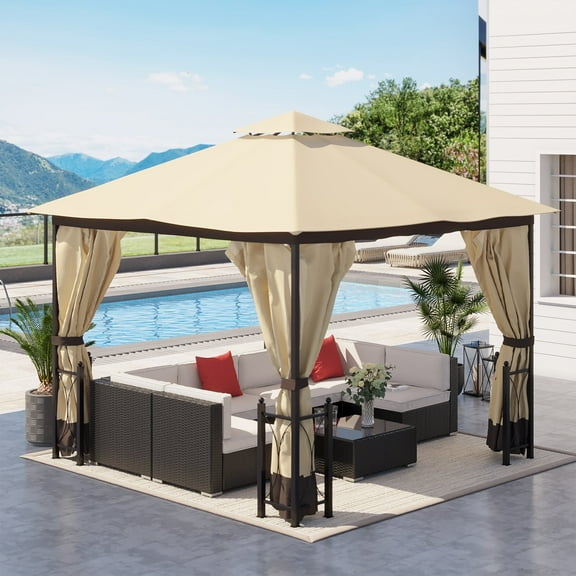 Outsunny 11' x 13' Patio Gazebo, Double Roof Outdoor Gazebo Canopy Shelter with Netting & Curtains, Steel Corner Columns for Garden, Lawn, Backyard and Deck, Beige