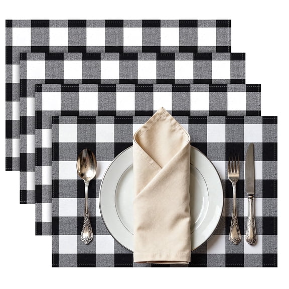 Elcoho 4 Pieces 13 x 19 inch Black White Buffalo Plaid Cotton Placemats, Double Layer Washable Reusable Table Mats For Farmhouse Holiday Dining Decor