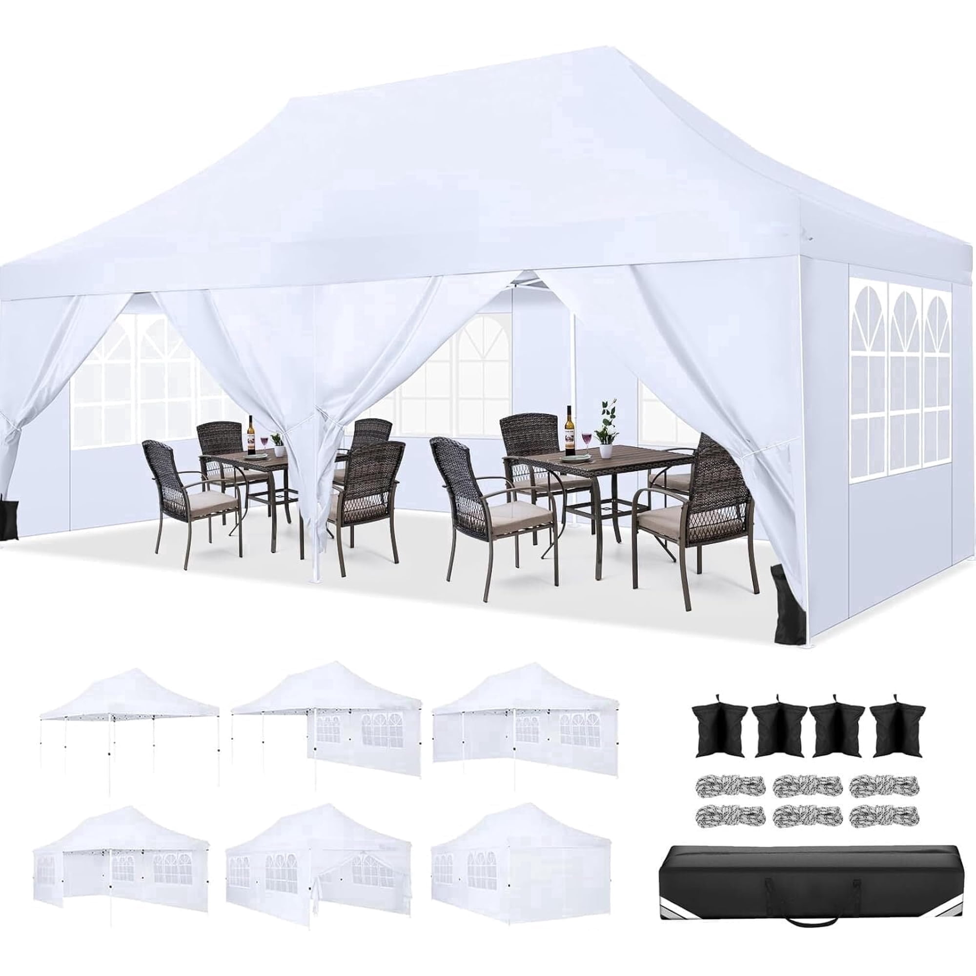 COBIZI 10'x20' Outdoor Pop up Canopy Tent with 6 Sidewalls, Waterproof and Sun Shelter Heavy Duty Canopy for Market with Carry Bag, White