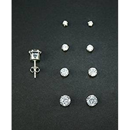 925 Sterling Silver Round Cz Stud Set of 4 Earrings 2mm, 3mm, 4mm,