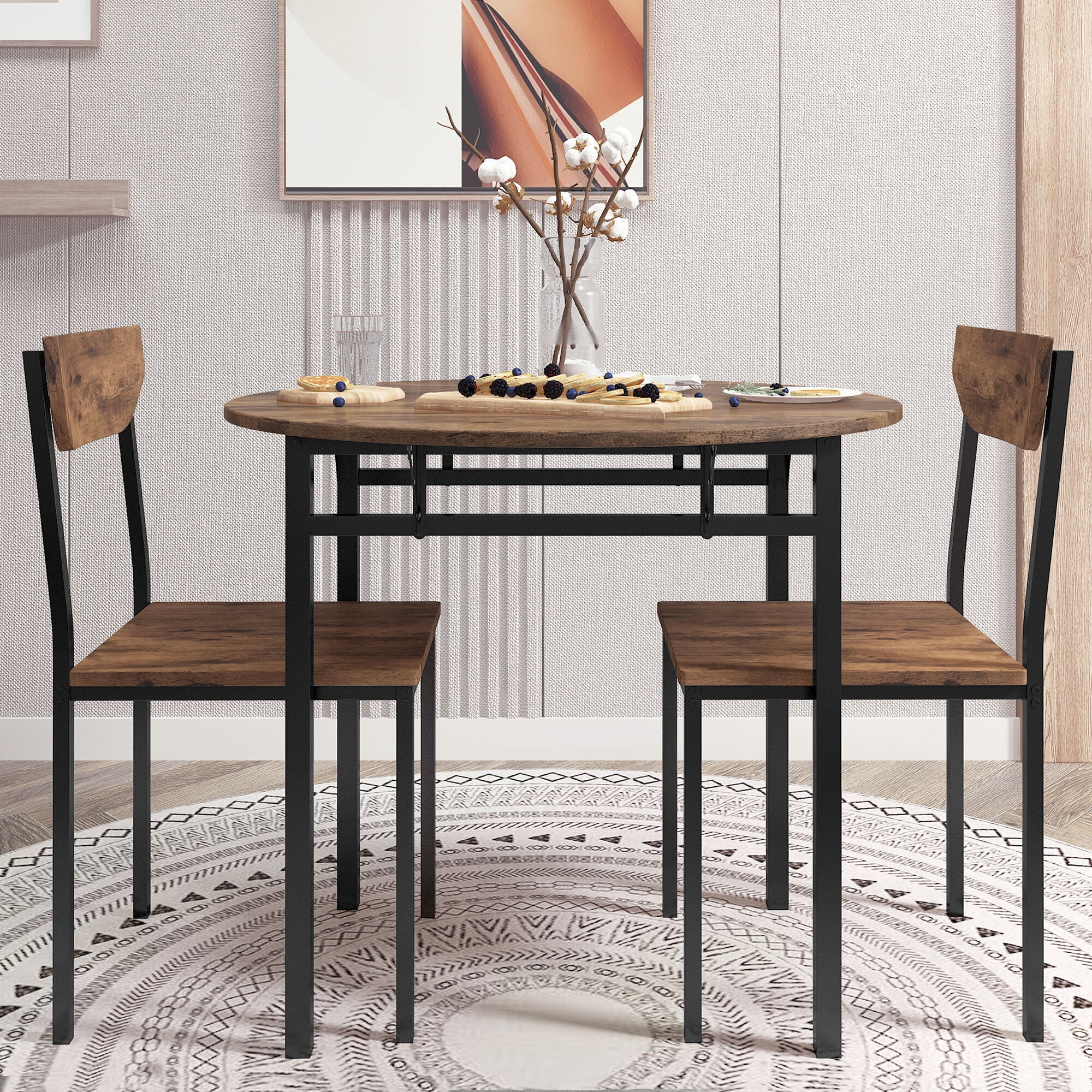 Euroco 3-Piece Round Dining Table Set for 2, Modern Extendable Kitchen Table Set with Drop Leaf,Metal Legs and 2 Chairs for Small Places,Brown