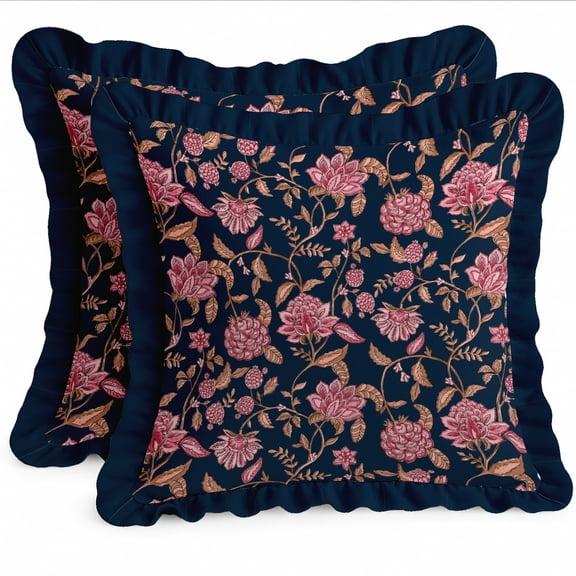 Premium Cotton Frill Cushion Covers - Vargottam Set of 2, 16x16 Inches, Double Printed, Floral Print, Durable Twill Fabric, Farmhouse Look, No Fillers