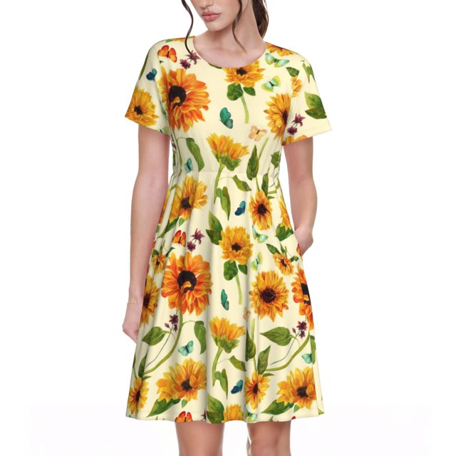 Disketp Sunflowers And Butterflies para Vestido de Manga Corta para Mujeres, Vestidos de Verano para Mujeres, Casual y Holgado para la Playa