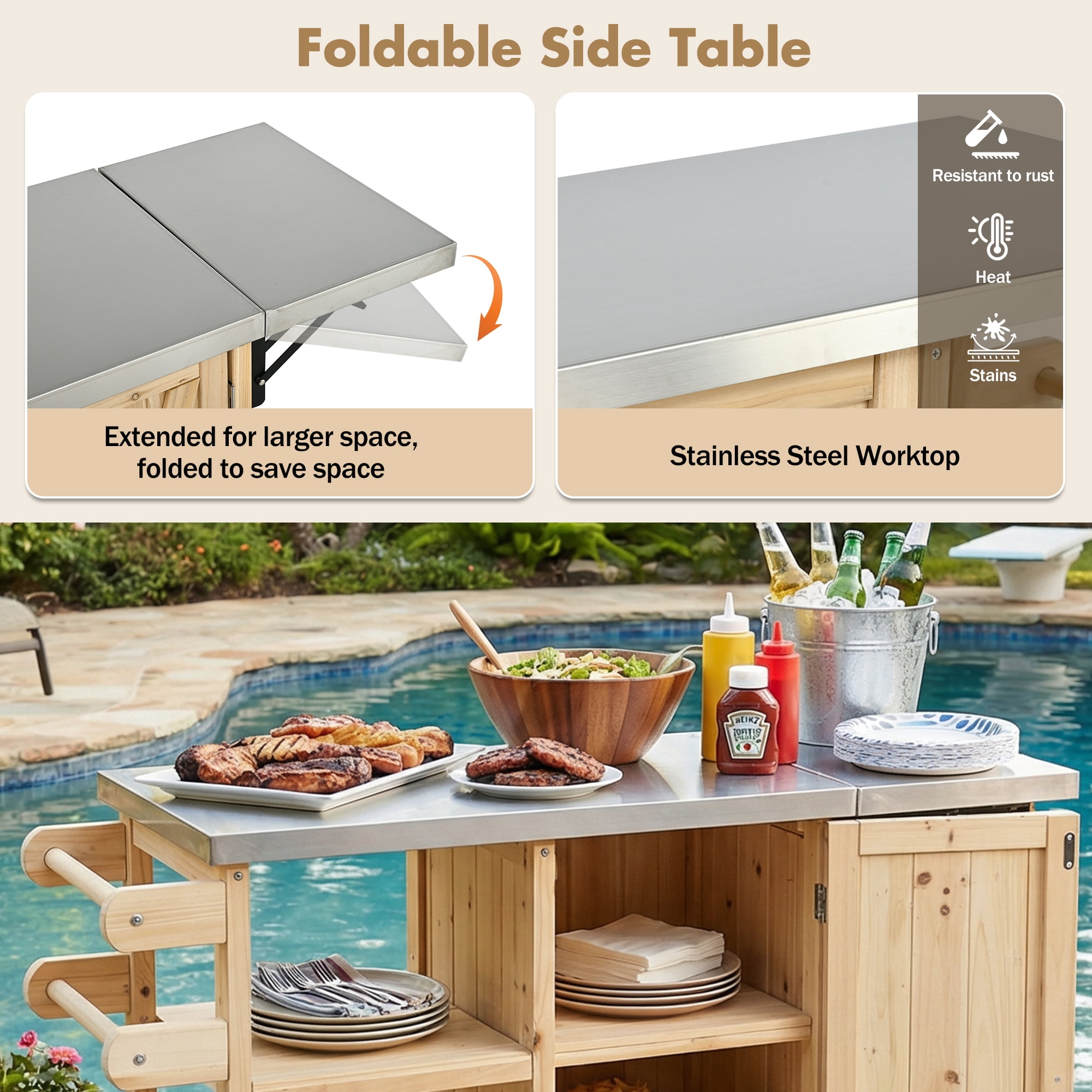 Foldable Outdoor Kitchen Island Patio Kitchen Island Outdoor Kitchen Cart Portable Prep Station with Lockable Wheels, Storage Cabinet and Towel Rack for Patio and Outdoor, Natural