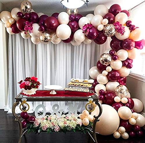 Wine Burgundy Balloon Garland Kit, 12' 5' Burgundy Balloons Gold Confetti Balloon 16 Feet Balloon Strip Tape Set for Burgundy Theme Party Wedding Decorations