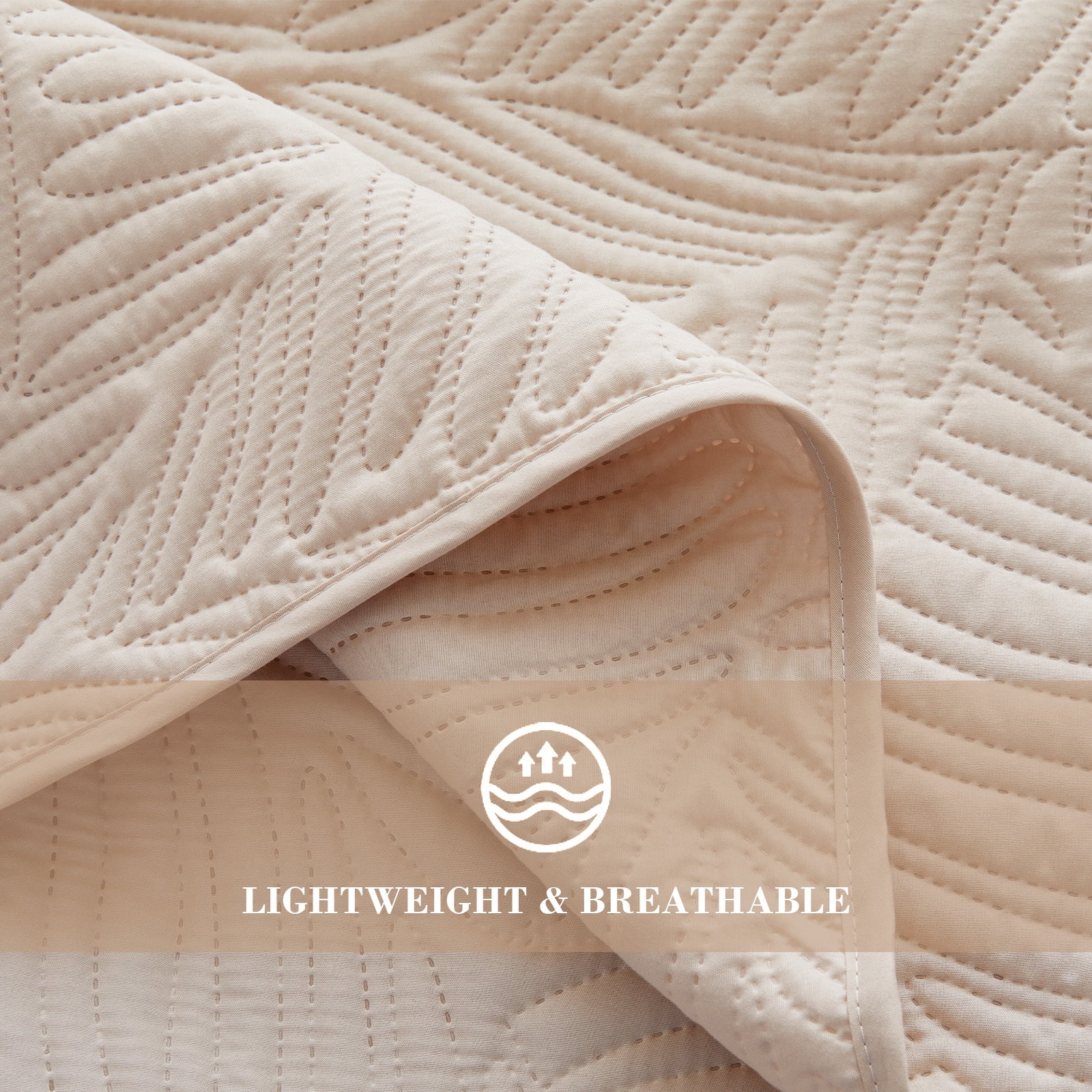 Exclusivo Mezcla Ultrasonic Full Queen Size Quilt Set Brich Beige, 3 Pieces Lightweight Bedspread Leaf Pattern Bed Cover Soft Microfiber Coverlet Bedding Set for All Seasons
