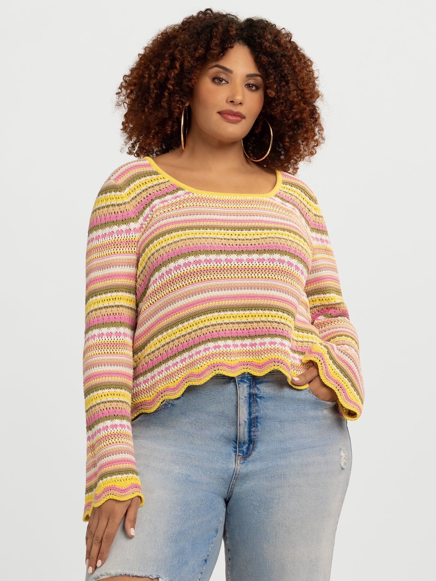 Jessica Simpson Women's Lilianna Cotton Pointelle Sweater with Long Sleeves, Lightweight, Sizes XS-X4