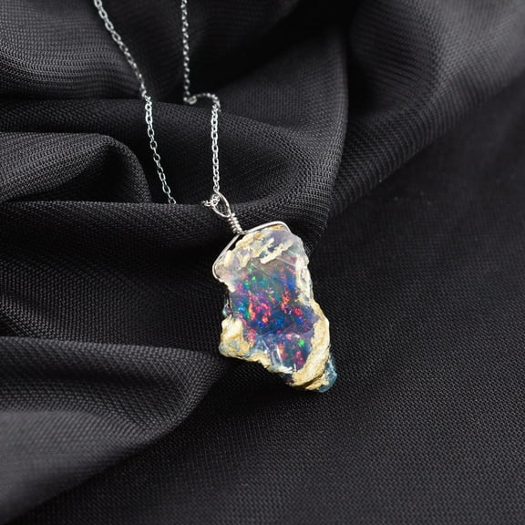 QNAVIC Ultra Fire Raw Black Ethiopian Opal Gemstone Dainty Pendant Necklace, Handmade Jewelry, Birthday Gift for Women, Healing Crystals, Birthstone, 925 Sterling Silver Chain 20 inch