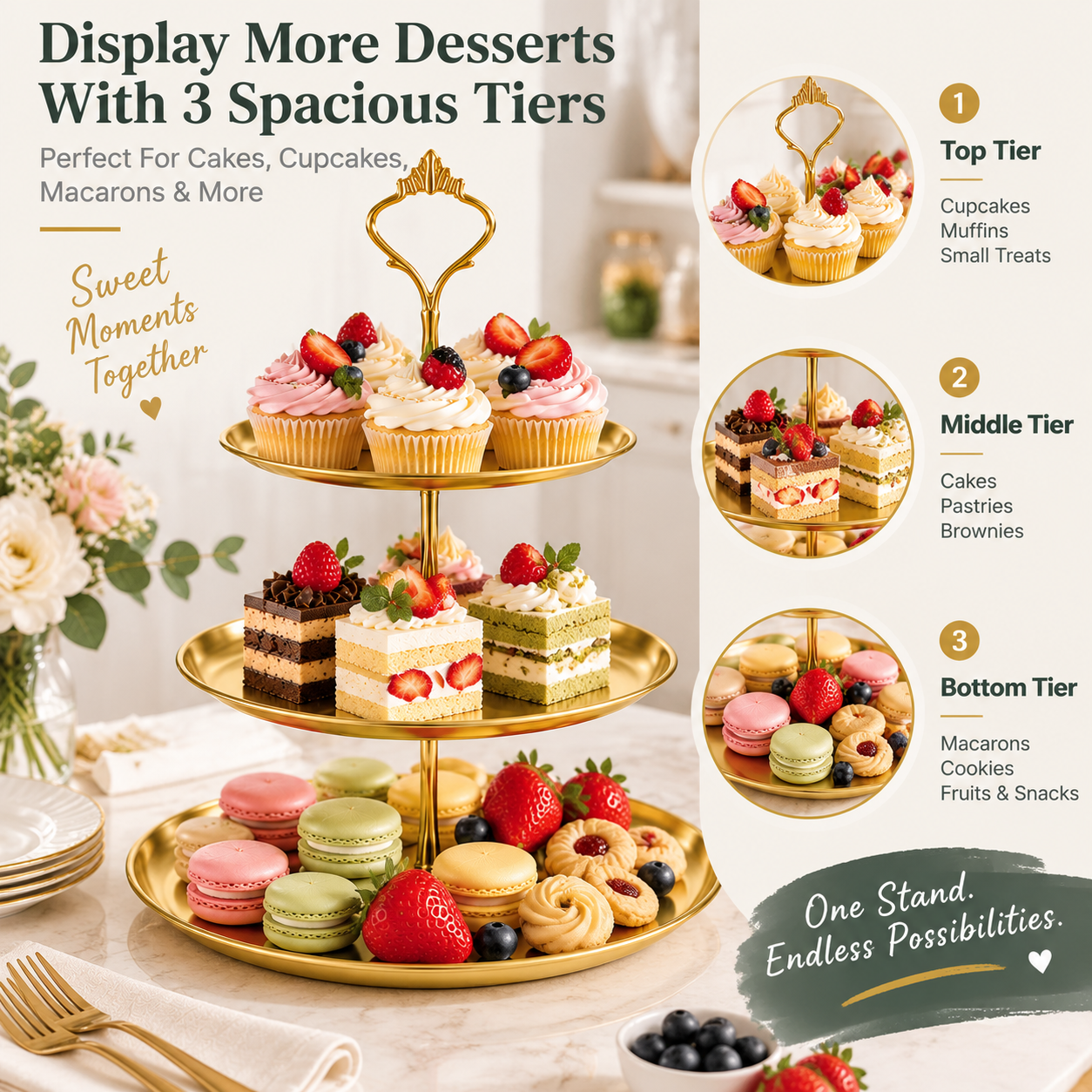 DAZUINIAO 3-Tier Gold Cupcake Stand photo 3