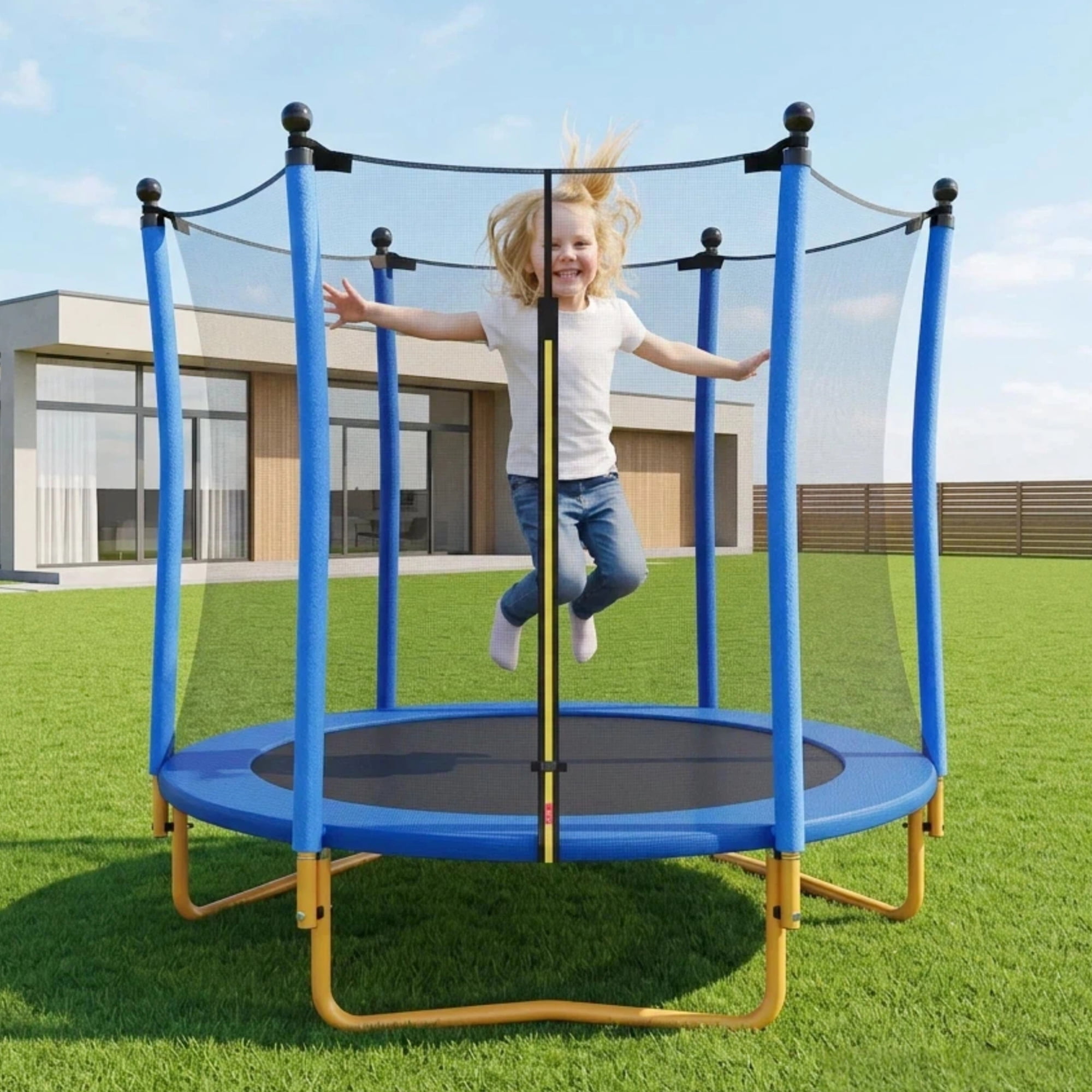 Arspjes 5.5 FT Trampoline for Kids,Indoor Outdoor Trampoline with Safety Enclosure Net,U-Shaped Stable Legs, Foam Padded Poles,Blue