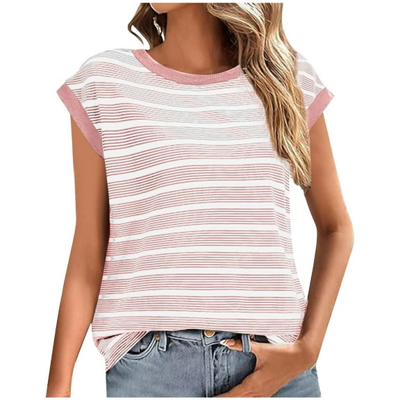 AherBiu Tank Tops for Women Striped Crewneck Sleeveless Stretch Comfy Knitted Pullover Summer Tops Blouse