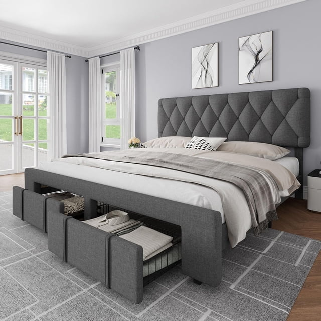Upholstered Platform Bed with 2 Storage Drawers & Adjustable Headboard