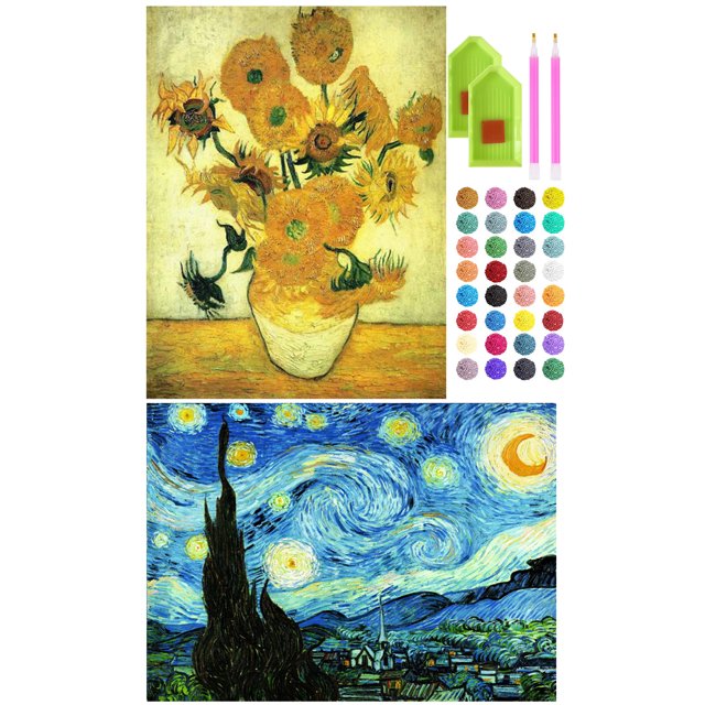 2Pack DIY 5D Diamond Painting Kits, The Starry Night & Sunflowers by Master Van Gogh, 12x16in