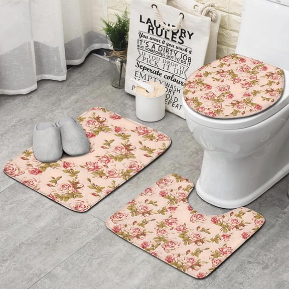 Pioneer Flower Floral Print Pattern Bathroom Rugs Sets 3 Piece,Toilet Cover Set,Absorbent Non Slip Bathroom Mats Sets with U-Shaped Contour Rug Toilet Rug Set