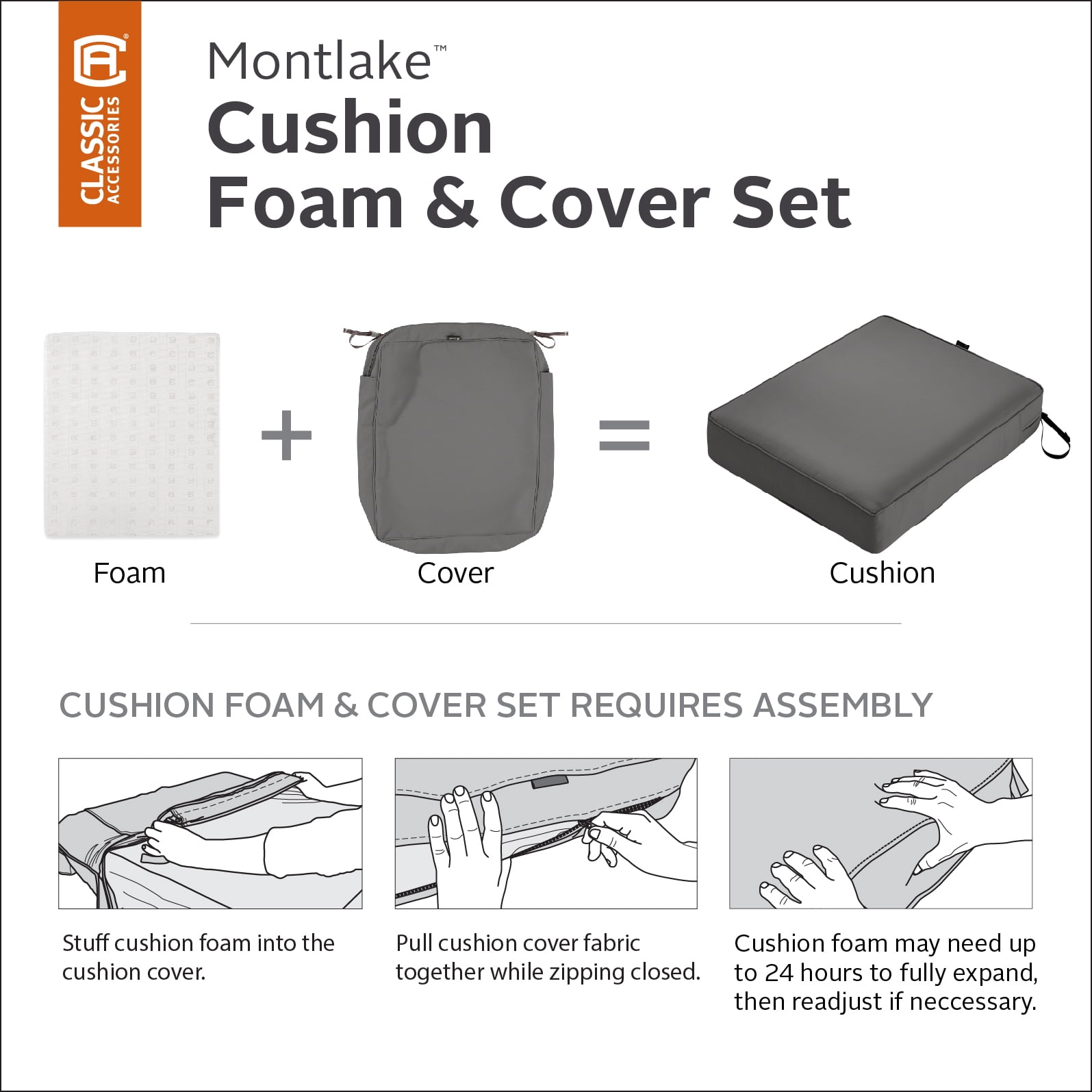 Classic Accessories Montlake FadeSafe Water-Resistant Patio Chair Seat Cushion, 21 x 25 x 5 inch, Light Charcoal