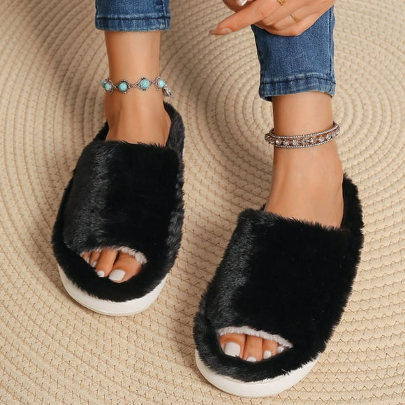 Mevxay Women's Fashionable Casual Winter Plus Velvet Warm Moccasins Solid Color Pointed Toe Lightweight One-Foot Flat-Bottomed Shallow Shoes Black Size 8.5