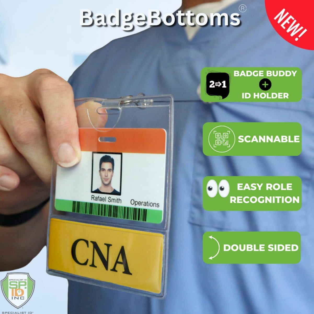 5 Pack - CNA BadgeBottom Horizontal CNA Badge Buddy & CNA Badge Holder Combo - Heavy Duty 2 in 1 Badge Bottom I’D Nursing Accessories - Double Sided Clear Sleeve by Specialist ID