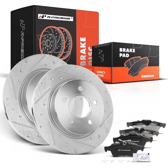 A-Premium Rear Drilled and Slotted Disc Brake Rotors Ceramic Pads Kit Compatible with Select Ford Models - Focus 2012 2013 2014 2015 2016 2017 2018 6-PC Set
