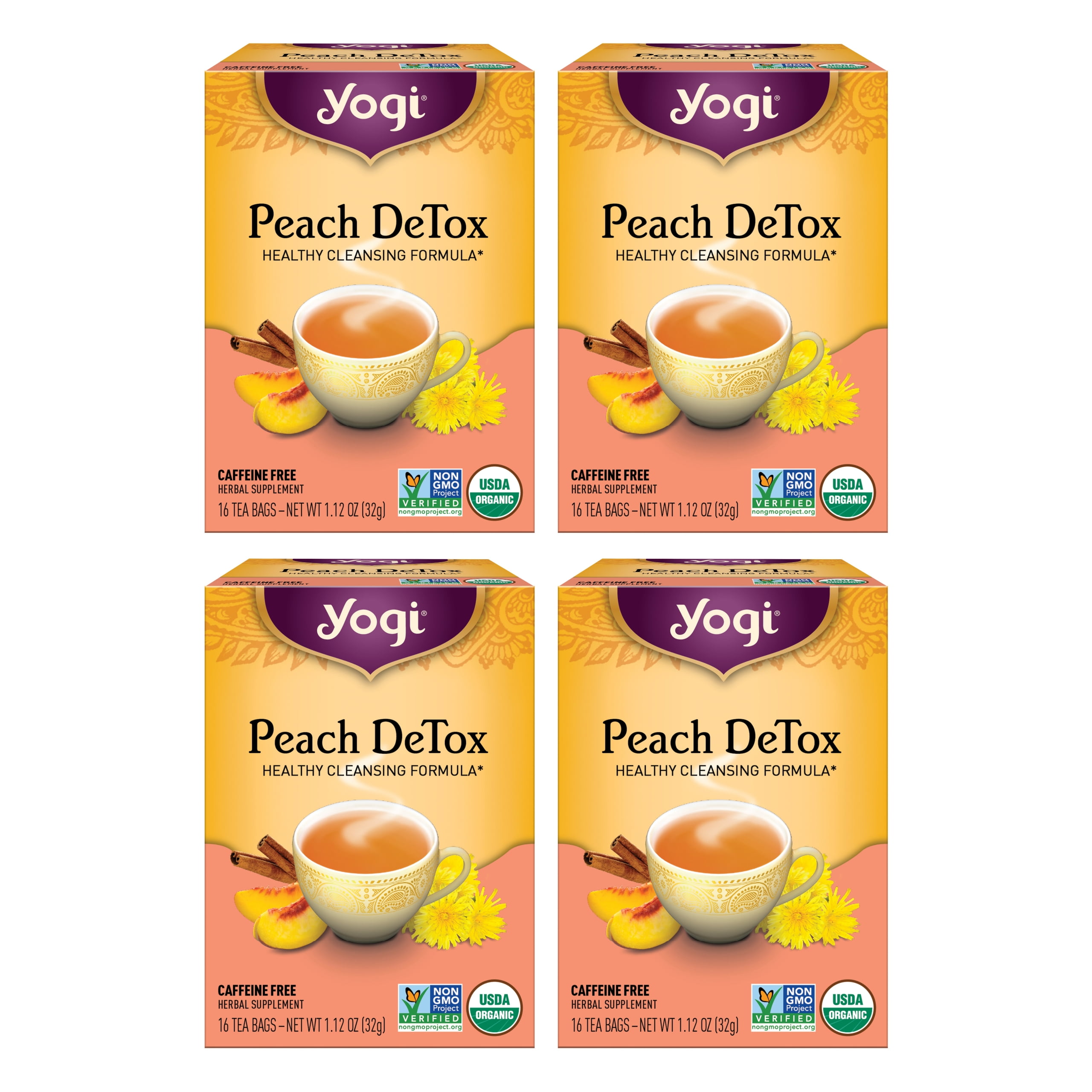 Yogi Tea Peach DeTox, Caffeine Free Organic Herbal Tea, Wellness Tea Bags, 4 Boxes of 16