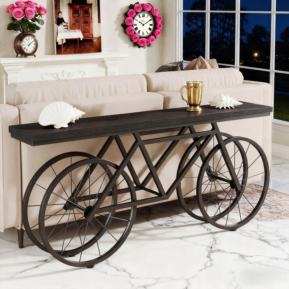 70.9-Inch Extra Long Console Table, Narrow Sofa Table With Bicycle Metal Base, Modern Industrial Entryway Table, Sturdy MDF Top Behind Couch Table For Living Room, Hallway, Foyer