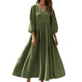 thumbnail image 3 of TaTaai Ladies Solid Color Loose Fit V-Neck 3/4 Sleeve Casual Dress Fashion Cotton Linen Style Soft Comfortable Stretchy Long Dress for All Seasons Daily Life Gift, 3 of 7