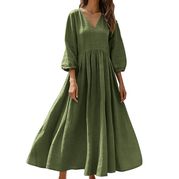 Mujeres Vestido Casual Suelto Y Casual Tres Cuartos de Mangas Cuello en V Vestido de Lino Mujeres