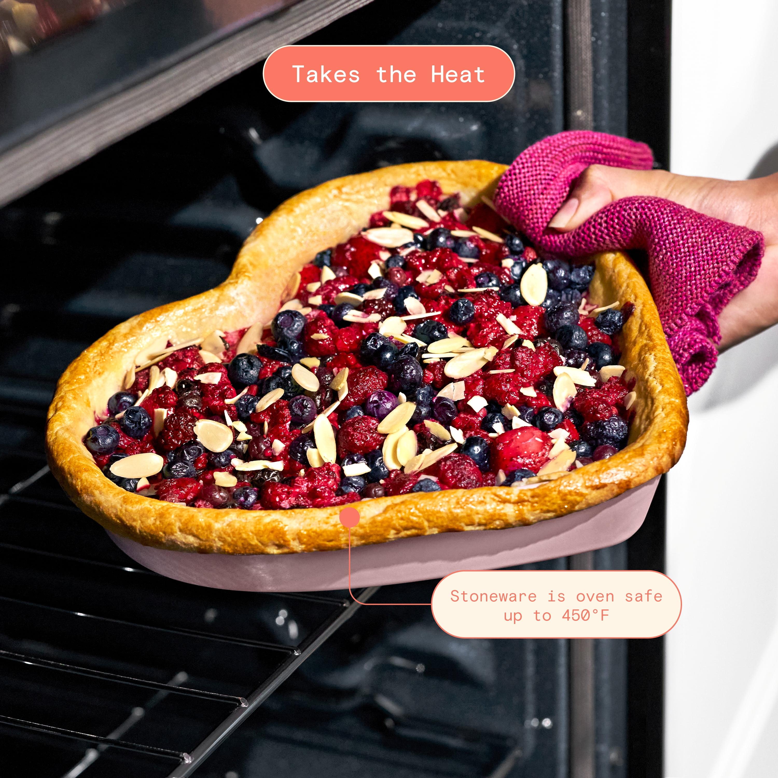 Beautiful by Drew Barrymore 10 in Heart-Shaped Stoneware Baking Dish, Pink Champagne