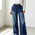 thumbnail image 4 of IUYRTFE Women's Straight Leg Denim Jeans with Drawstring Elastic Waist and Pockets Casual Relaxed Fit Long Pants, 4 of 9