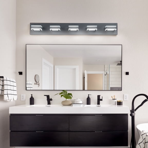 32" Modern Black 5-Light LED Vanity Light, Square Acrylic Shade Wall Sconce for Bathroom Mirror and Vanity Lighting, Hardwired