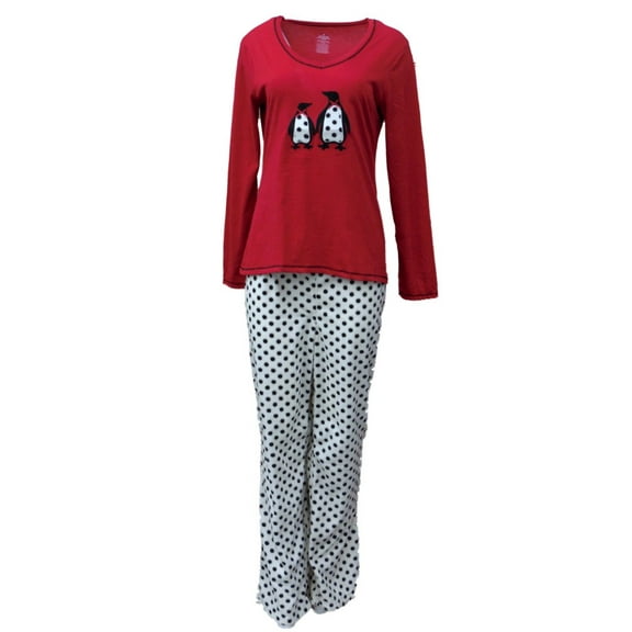 Celestial Dreams Womens Red Penguin Pajamas Fleece Polka Dot Pajama Set X-Large