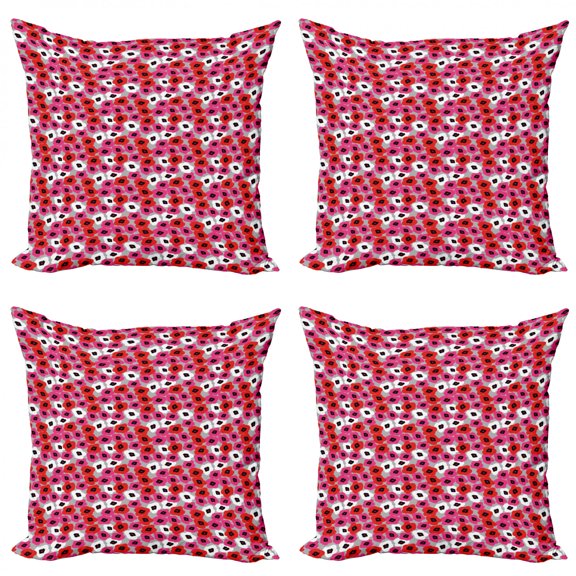 Abstract Throw Pillow Cushion Case Pack of 4, Flower Look Motif Repetitive Colorful Pattern, Modern Accent Double-Sided Print, 4 Sizes, Pale Taupe Hot Pink, by Ambesonne