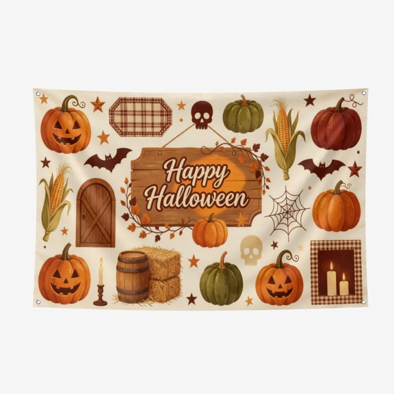 Rustic Farmhouse Happy Halloween Polyester Backdrop Vintage Pumpkin Harvest Banner for Party Photography Wall Decor (Style 1) 16x24in