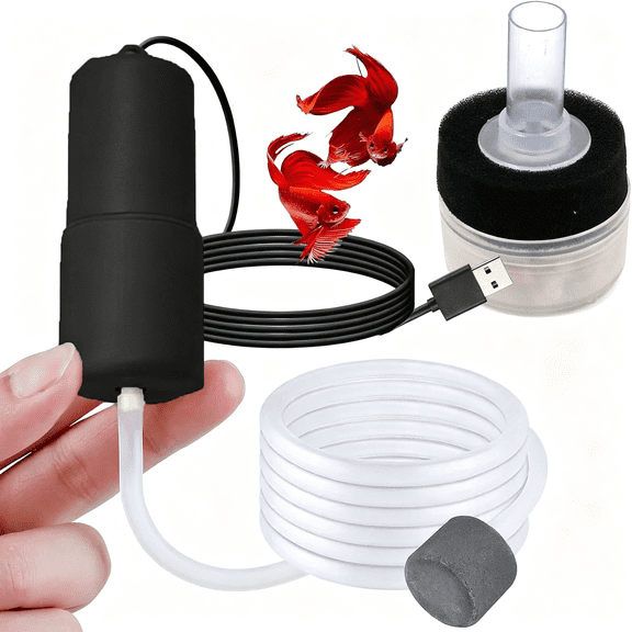 CURYMAY Usb Air Pump for Aquarium,Quiet Mini Oxygen Air Pump with 1 Sponge Filter,1 Air Stone for Shirmp Nano Fish Tank&Transporting Aquatic Pa152-3