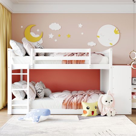 Solid Wood Full-Over-Full Bunk Bed with Storage and Guard Rail  Full over Full Bunk Bed with 4 Drawers and 3 Shelves for Toddler Kids Teens(White)
