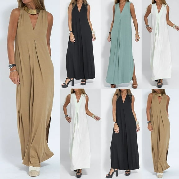 Antinious Ladies Summer Dress,Elegant Dresses for Women,Party Dresses for Women Camis Sleeveless V-Neck Solid Long Dress,White,M