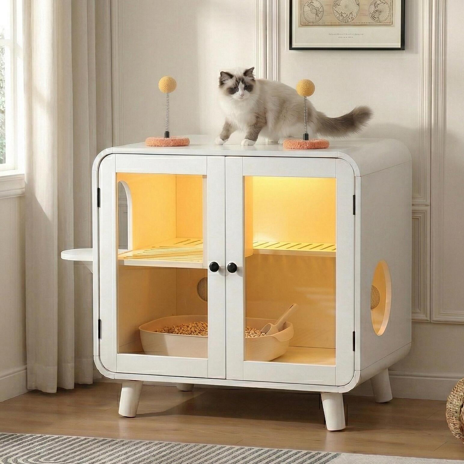 White Hidden Cat Litter Box Enclosure with RGB LED Light, TV-Style Cat House Cabinet with Stairs, Pom-pom Toy, Litter Leak Walkway and Glass Doors for Indoor Cats