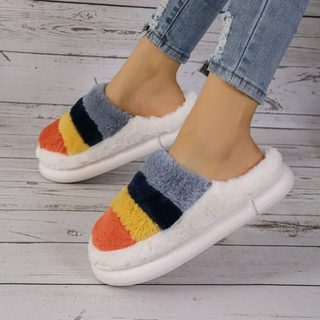 

Krdevn House Slippers for Woman Fashion Winter Colored Plush Closed Toe Thick Sole Warm Cotton Slippers -White 37
