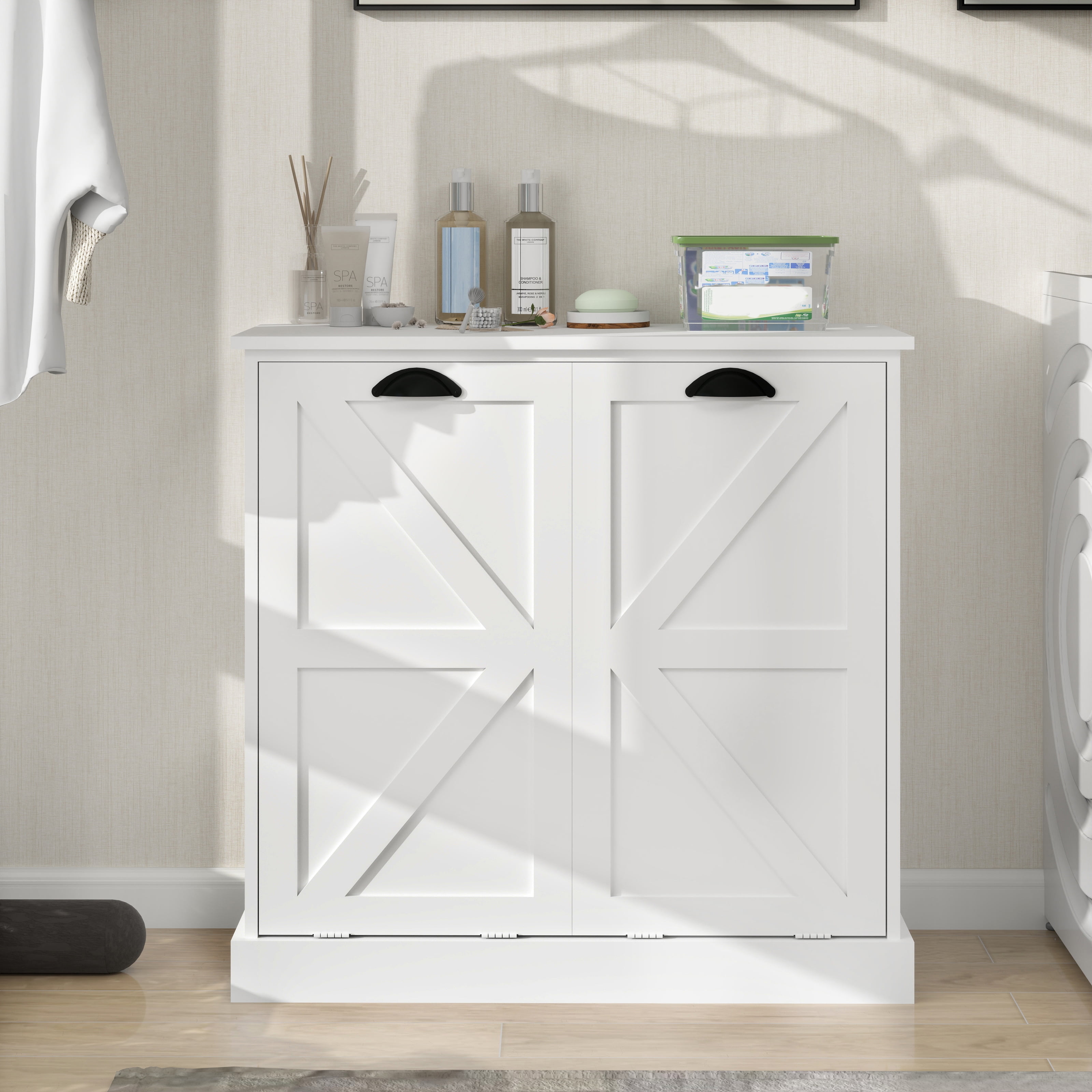 Mintazer Farmhouse Laundry Sorter Cabinet, Tilt-Out Laundry Hamper Storage Cabinet with 2 Removable Fabric Bags for Laundry Room Bathroom Balcony, White