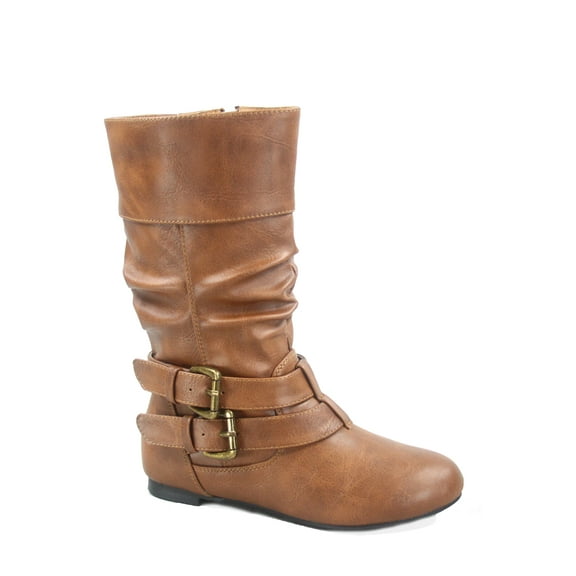 Sonny 54k Youth's Girls' Kid's Causal Round Toe Buckles Flat Heel Zip Mid Calf Riding School Boots Shoes ( Tan, 1)