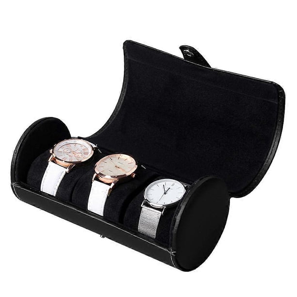 3 Compartment High-grade PU Leaher Watch Display Storage Box Round Watch Case (Black)