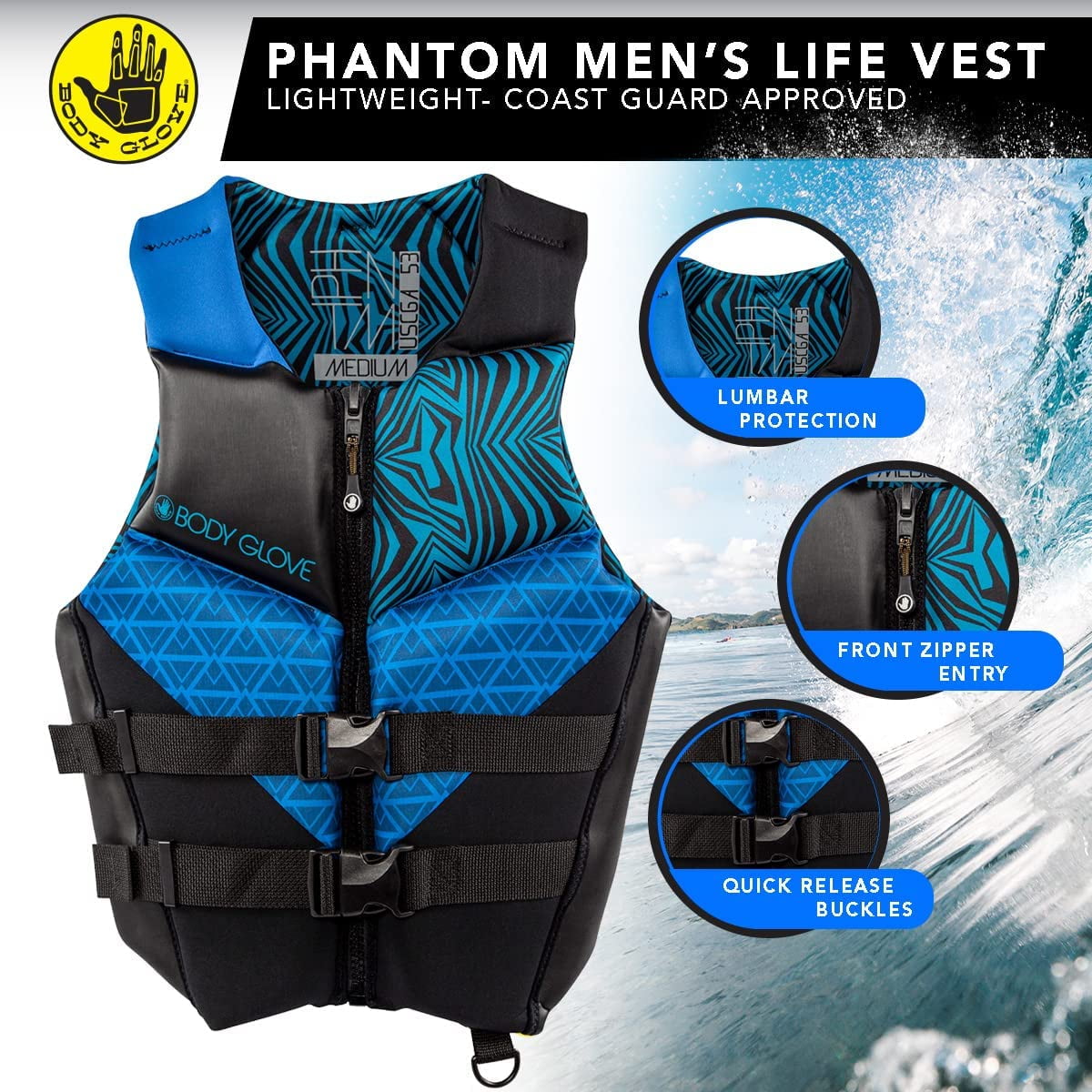 Body Glove Phantom Men's PFD Adult Life Jacket, Medium, Blue